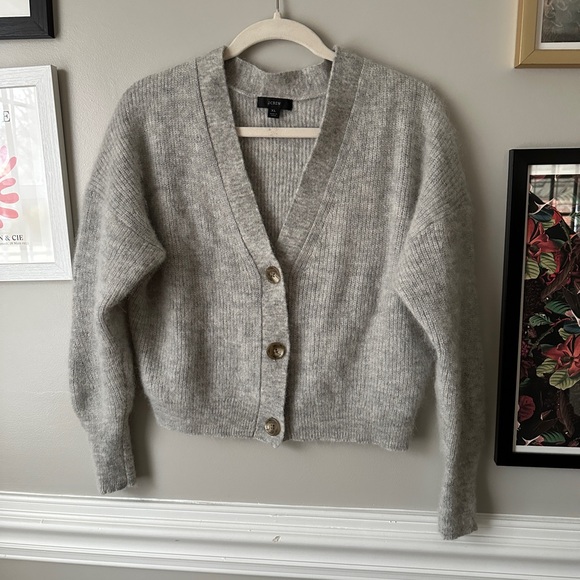 J. Crew Ribbed V-Neck Cardigan Sweater, Light Grey - Picture 2 of 6